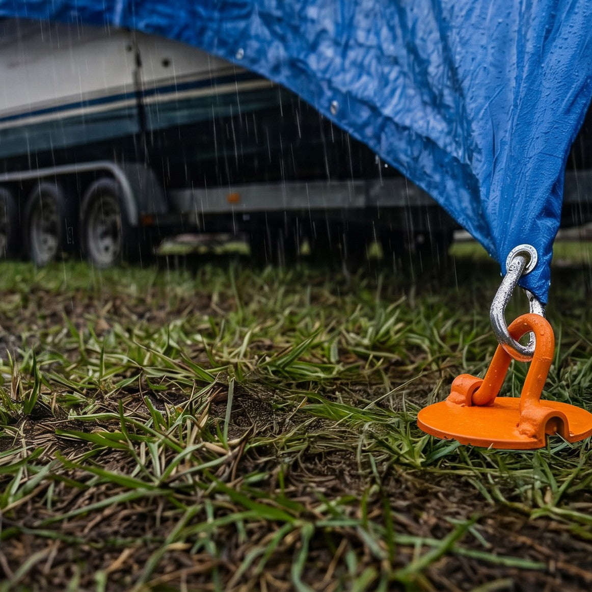 A blue camping tarp anchored with an orange ground sleeve and silver carabiner, set up over grass in the rain with a trailer visible in the background.