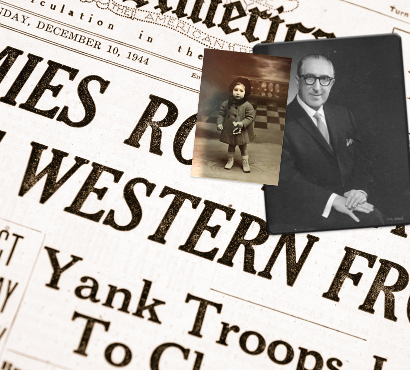 Collage showing vintage photos of a baby, a man with glasses in a suit, and a copy of a newspaper