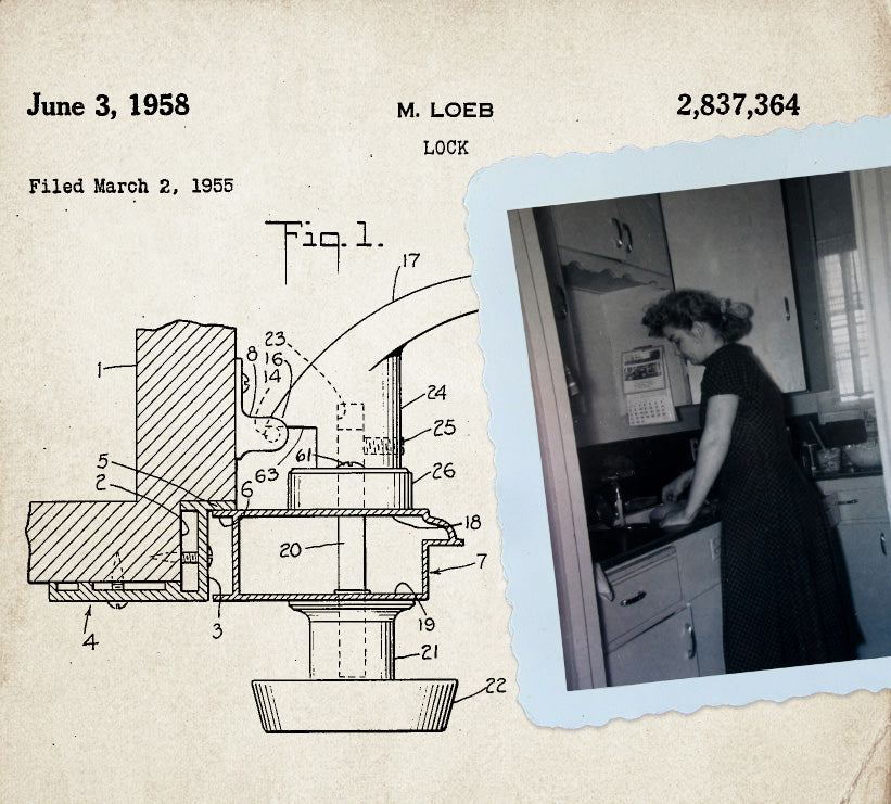 Collage showing patent  and a woman in vintage 1950s kitchen