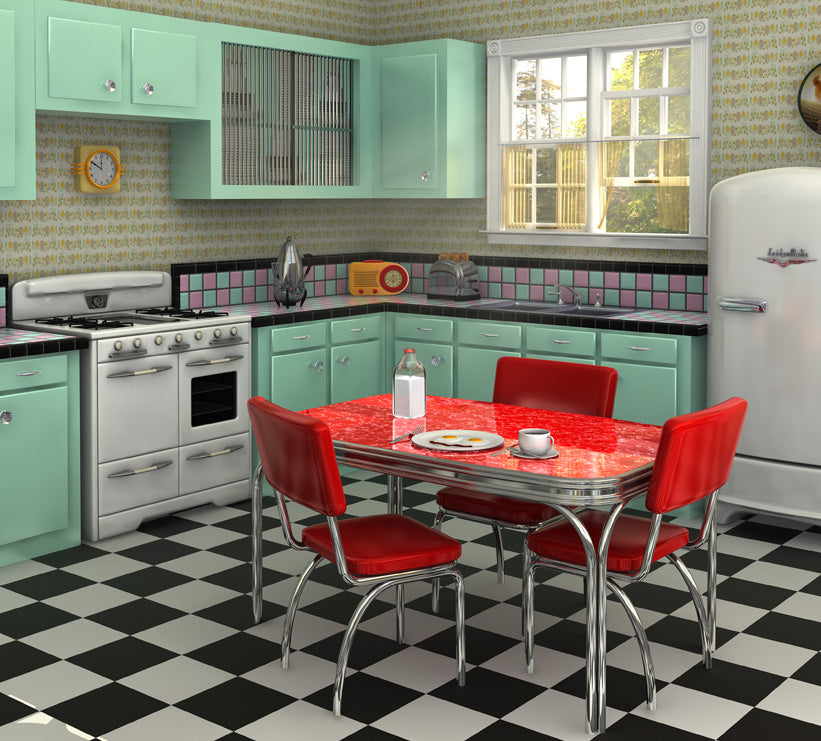Vintage 1960s kitchen with aqua colored cabinets and red kitchen table and chairs