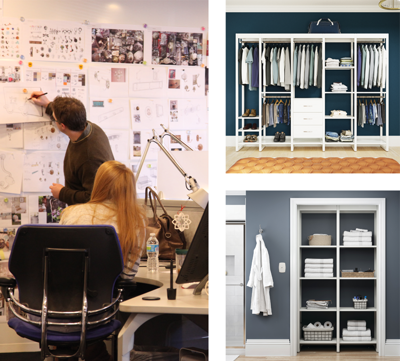 Collage showing designers collaborating along with two images of closet organization systems