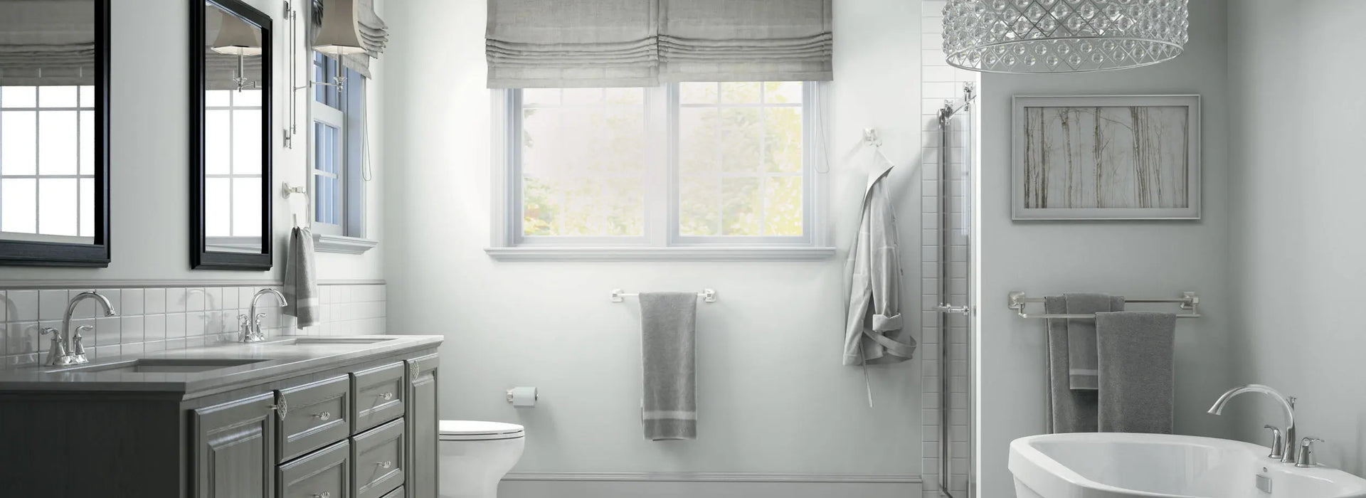 Modern bathroom with white tiles, a window, and various fixtures.