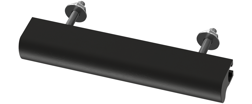 Black hardware pull with two screws on a white background